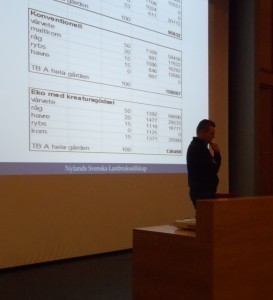 Krister Hildén från NSL visar TB kalkyler och jämförelser av konventionell och ekologisk odling.