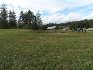 Närmast deltagarna har man sått ett par drag med lusern i riktning mot mig, parallellt med det sedan ett par drag med endast klöver och längst till vänster en klöver-gräs blandning.